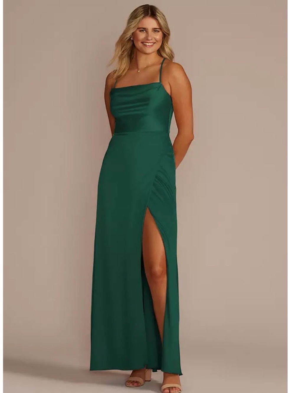 David's Bridal Juniper Green Stretch Charmeuse Cowl Neck Dress